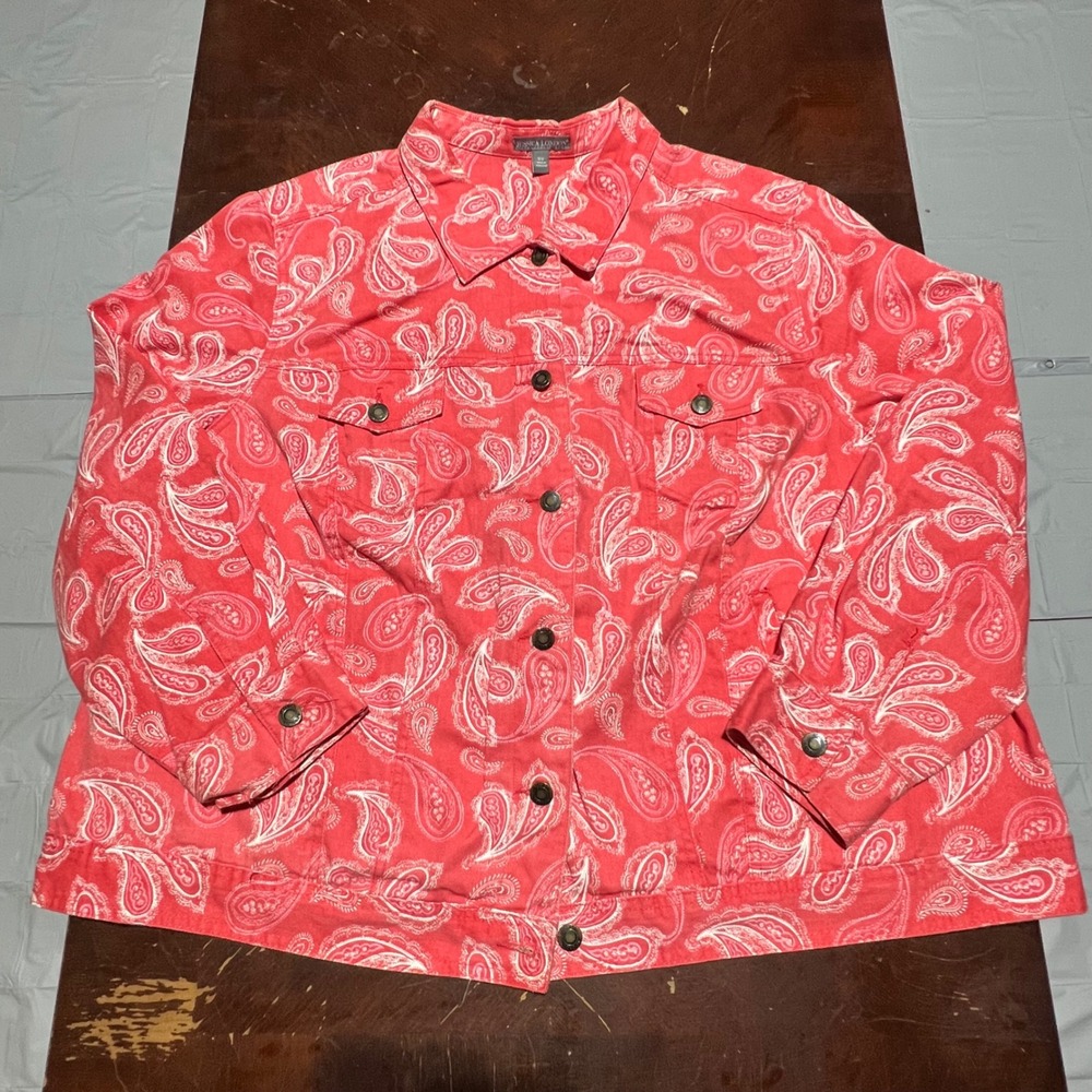 Jessica London Womens 32W Paisley Denim Trucker Jacket Coral Pink White Cotton